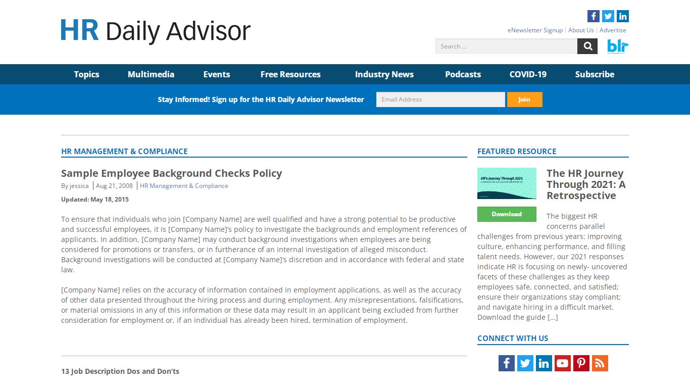 Sample Employee Background Checks Policy - HR Daily Advisor